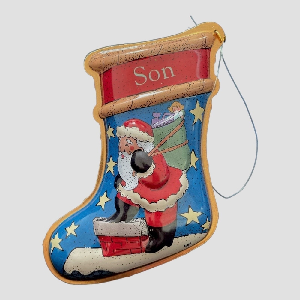 Vintage Christmas Ornament Hallmark Tin SON Santa Stocking Xmas Ornament Holiday